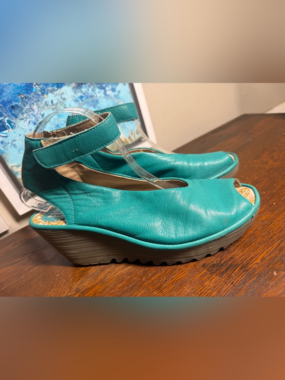 Fly London Yala Teal Peacock Leather Open-Toe Ankle Strap Wedges 41 10-10.5